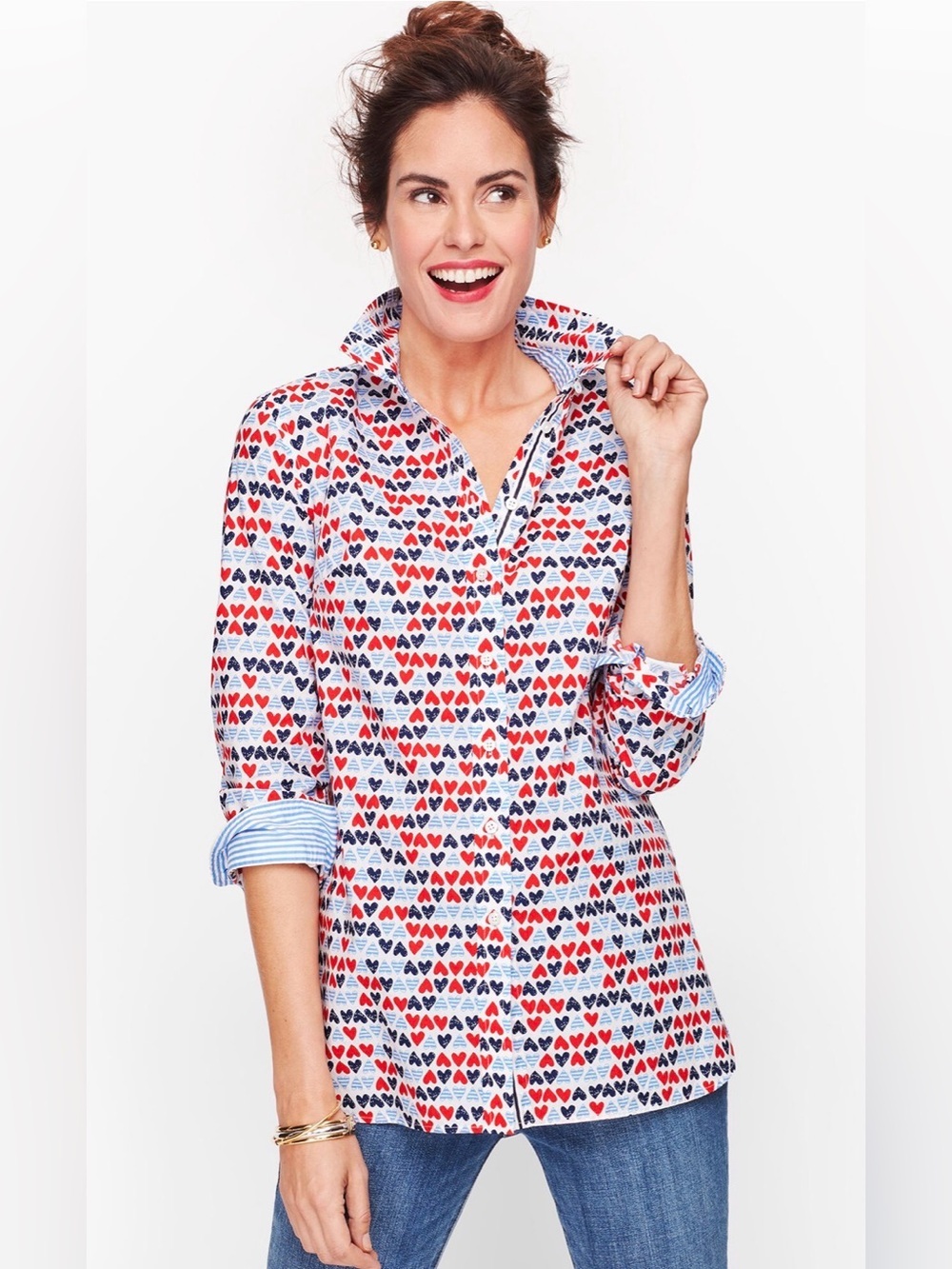 Talbots Heart Print Button Front Shirt Women’s Large Red White Blue Cotton